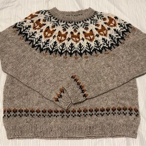 Fair Isle Fox Patterned Hand-knit Crewneck Sweater - Size S